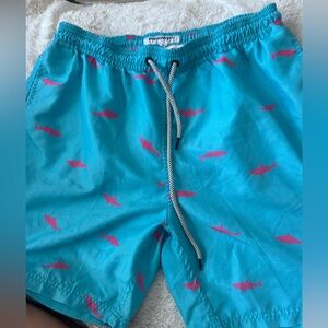 Maamgic Blue Swim Shorts with Pink Shark Print